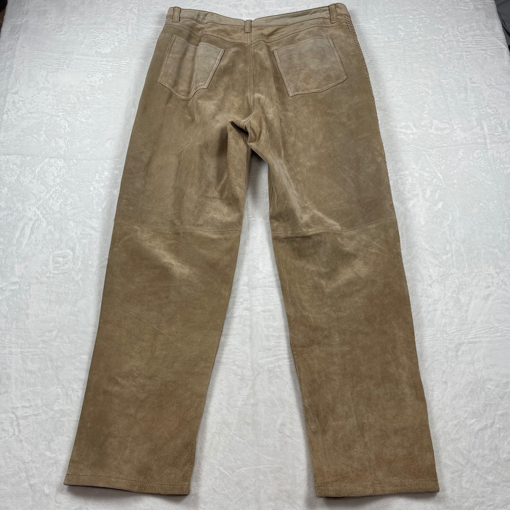 Chicos Design Tan Suede Leather Whipstitch Straight Leg Pants Sz 3 L Flaw Boho‎